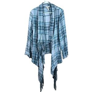 Matilda Jane Cardigan Jacket Raw Fringe Hem Open Front Plaid Green Womens M